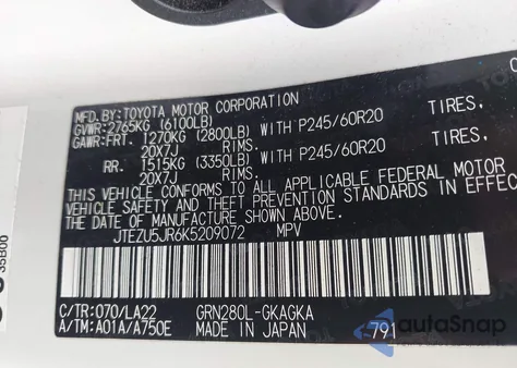 2019 Toyota 4Runner Limited z USA, uszkodzony, nr VIN JTEZU5JR6K5209072